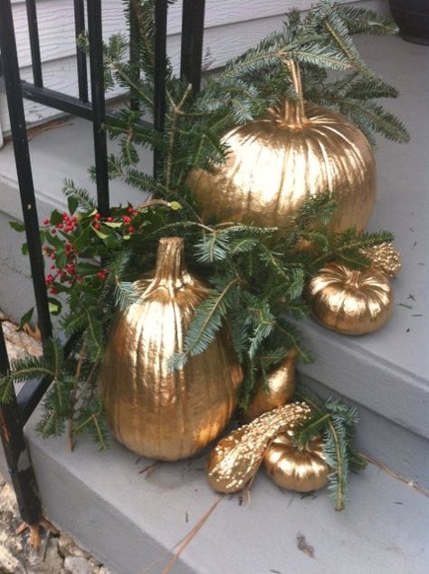 re-purposing halloween pumpkins for christmas Reuse Pumpkins For Christmas, Pumpkins For Christmas Decorations, Upcycle Pumpkins, Pumpkin Christmas Decor, Christmas Pumpkins Decoration Ideas, Christmas Pumpkins Painted, Decorating Pumpkins, Pumpkin Christmas, Elegant Decorations