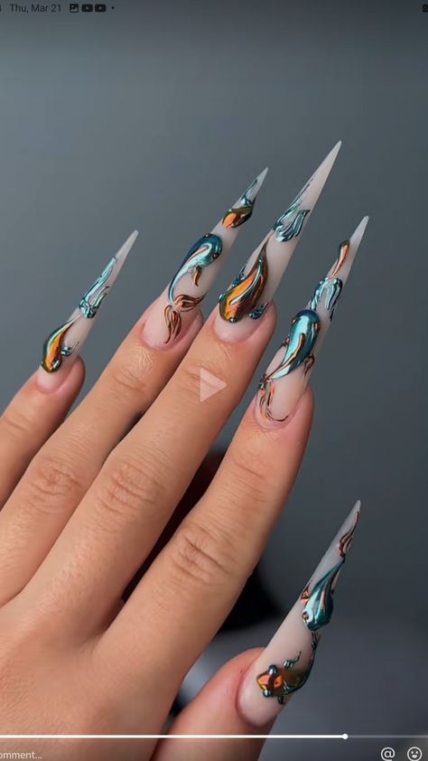 Fish Nail Art, Fish Nails, Nail Techniques, Nail Designs Tutorial, Grunge Nails, Nail Art Designs Videos, Long Square Acrylic Nails, Fish Scale, Square Acrylic Nails