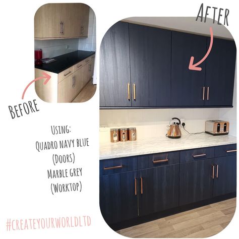 Who’s after a more dramatic look to their kitchen? Try Quadro in navy blue, we offer 6 x 67.5cmx1.5m rolls for only £40 enough to do 12 standard doors or an average size kitchen, that’s a NEW LOOK KITCHEN for £40!!!! Crazy 🤪 more colours available, please check our website and search QUADRO for this  premium vinyl! #dcfix #stickybackplastic #vinylwrap #vinylfilm #kitchenmakeover #navykitchen #navykitchencabinets #doorwrap #kitchenupdate #diy #diyonabudget #vinyladdict #homedecor #diyhomedecor Dc Fix Kitchen, Vinyl Wrap Kitchen, Plastic Kitchen Cabinets, Diy Cupboards, Budget Kitchen Makeover, House Upgrades, Kitchen Wrap, Diy Kitchen Projects, Sticky Back Plastic