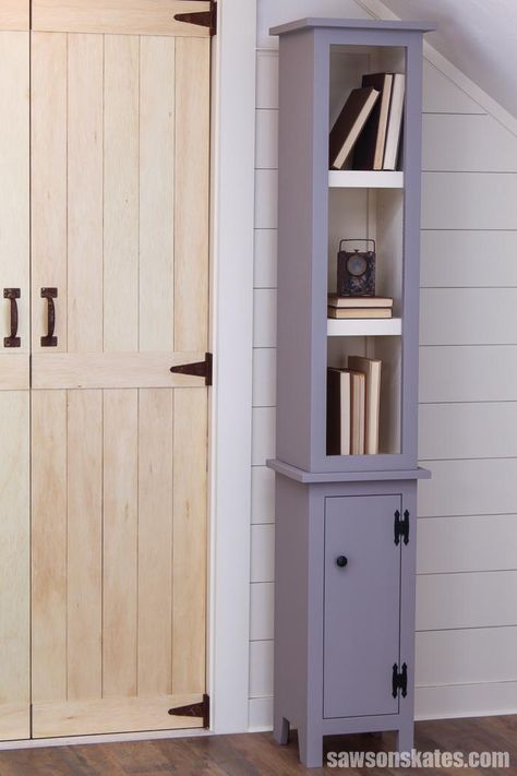 Build a tall, narrow DIY chimney cabinet with these free plans! This is a great solution for awkward areas that are begging for a little extra storage. It’s perfect for a living room, bathroom, or kitchen. The small size and simple, rustic style of this cupboard complements nearly any decor. Diy Chimney, Chimney Cabinet, Narrow Bookshelf, Tall Bathroom Storage, Narrow Storage Cabinet, Narrow Cabinet, Woodwork Diy, Cabinet Plans, Wooden Storage Cabinet