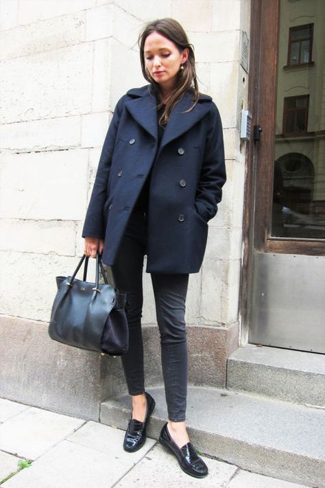 Your navy peacoat: "Surprise, b*tch."  Shop this look: Street Level Faux Leather Tote, $44;  Tod's Patent Leather Loafers, $125;  Edun Felt Peacoat-Blue, $419 Columbine Smile Peacoat Outfit, Navy Peacoat, Blogger Outfits, Monochrome Outfit, Fashion Jackson, Coat Outfits, Fashion Today, Looks Style, Up Girl