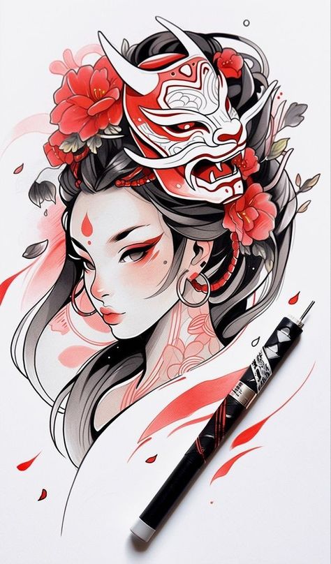 ဂျပန်မ Tattoo, Woman Mask Tattoo, Dragon Mask Art, Asian Girl Tattoo, Girl Dragon Tattoo, Girl With Dragon Tattoo, Tato Geisha, Geisha Drawing, Geisha Anime