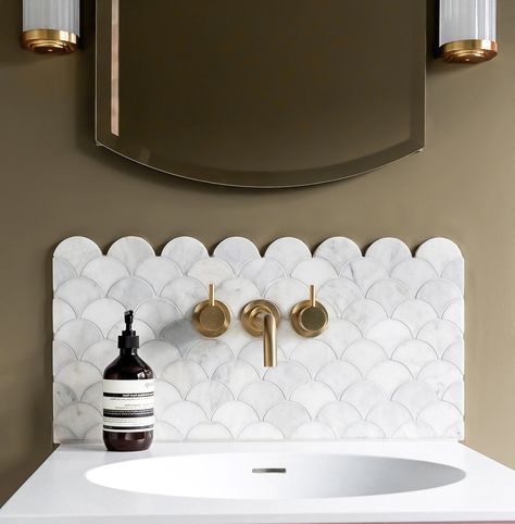 Backsplash Bathroom Sink, Scallop Tile Bathroom, Scallop Tile Backsplash, Fish Scale Tile Bathroom, Scallop Tiles, Shell Mosaic Tile, Fish Scale Tile, Shell Tiles, White Marble Tiles