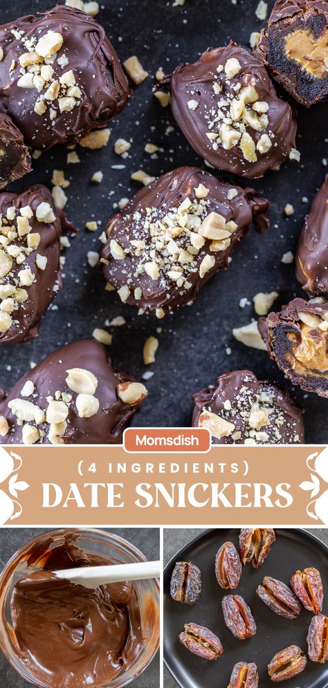 Date Snickers are a tasty and healthier twist on the classic candy bar. Instead of using processed ingredients, these homemade treats feature a natural and nutritious combination of dates, nuts, and chocolate. To make Date Snickers, pitted dates are stuffed with a mixture of peanuts and peanut buttter and then coated in a layer of melted chocolate. The filling provides a chewy texture and sweetness, while the nuts add a satisfying crunch. Date Snickers are a tasty healthier dessert. Desserts With Dates, Date Snickers, Snickers Bars Recipe, Snickers Recipe, Nuts And Chocolate, Pitted Dates, Homemade Snickers, Date Recipes, Classic Candy