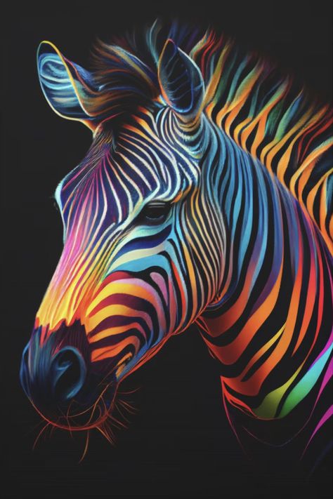 Abstract Colorful Zebra Painting on Canvas Animals On Black Background, Zebra Art Abstract, Zebra Painting Abstract, Zebra Art Project, Animal Print Illustration, Zebra Artwork, Zebra Drawing, Colorful Animal Paintings, Zebra Head