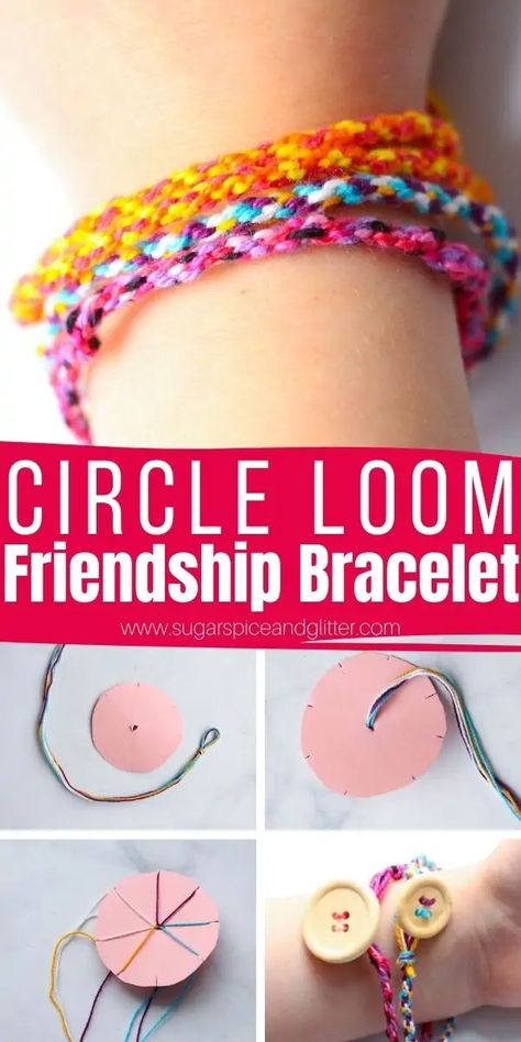 How to make the easiest friendship bracelets using a small circle of cardboard or cardstock. These friendship bracelets are incredibly easy for little kids to make, even if they can't braid or tie knots yet. They just need to be able to count to three. Tied Bracelets Diy, Friendship Bracelet Cardboard Circle, Cardboard Circle Bracelet, Cardboard Friendship Bracelet Maker, Cardboard Bracelet Maker, Easy Friendship Bracelets For Kids, Friendship Bracelets Kids, Circle Friendship Bracelet, Kids Bracelets Diy