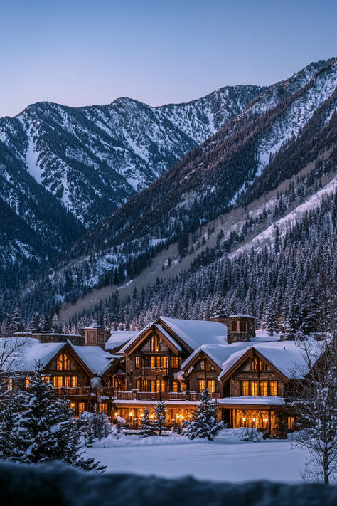 A luxurious mountain lodge nestled in a snowy landscape with the majestic Rocky Mountains in the background, one of the best places to stay in Colorado. Vail Village Colorado Winter, Where To Stay In Colorado, Vail Colorado Winter, Colorado In Winter, Romanticizing Winter, Places To Vacation, Colorado Aesthetic, Colorado Cabins, Trip Aesthetic