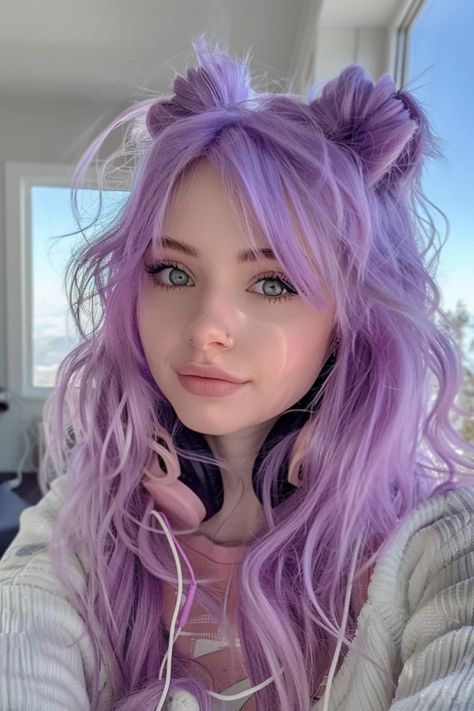 Woman with purple wavy hair styled in half-up buns, wearing headphones, and a white sweater, with a soft smile and clear blue eyes. Cute Colorful Hair Ideas, Purple Rave Hair, Hair For Pride, Braids And Hair Down, Long Lilac Hair, Cool Color Hair Ideas, Braided Colored Hair, Hair Inspo Color Long, Festival Hair Bangs