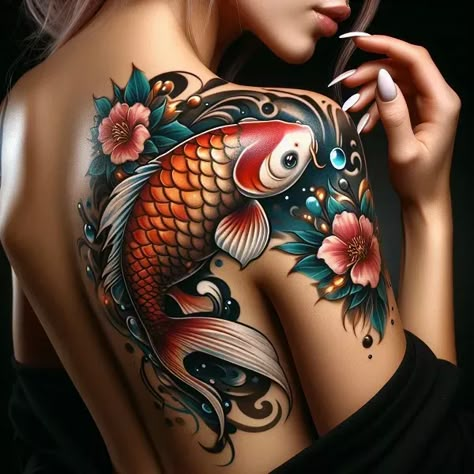 Koi Fish Tattoo: Timeless Art with Modern Symbolism & Inspiration 4 Koi Fish Dragon Tattoo Sleeve, Tiger And Koi Fish Tattoo, Koi Fish Tattoo For Women Sleeve, Japanese Koi Fish Tattoo Women, Koi Fish Tattoo Cover Up, Koi Fish Cover Up Tattoo, Fish Tattoo Women, Best Cover Up Tattoos For Women, Japanese Koi Fish Tattoo Design