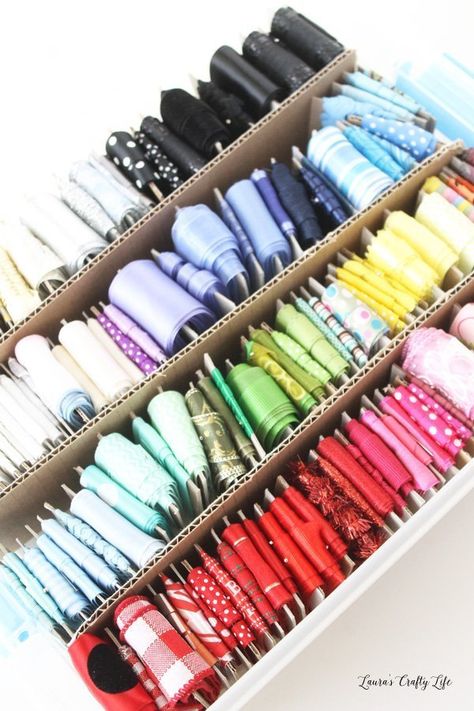 Ribbon Storage Organization. How to store ribbon neatly, organized, and dust free. Perfect for all types and sizes of ribbon. How To Store Ribbon, Craft Ribbon Storage, Holiday Organization Storage, Craftroom Storage, Ribbon Holders, Ribbon Organization, Ribbon Storage, Craft Storage Organization, Painting Room