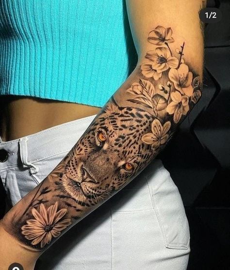 Womens Sleeve Ideas, Cheetah Arm Tattoo For Women, Cheetah Sleeve Tattoo, Jungle Tattoo Sleeve Women, Jungle Tattoo Ideas For Women, Jungle Theme Tattoo Sleeve For Women, Cheetah Tattoo For Women Sleeve, Jungle Tattoo Sleeve, Animal Tattoos For Women