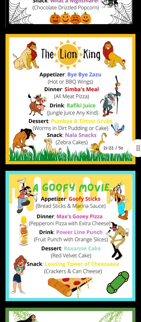 Essen, A Goofy Movie Themed Dinner, Disney Movie Night Menu A Goofy Movie, Lion King Movie Night Dinner, Goofy Movie Food, Disney Movie Night Menu Lion King, Movie Night Ideas Disney, Disney Meal Ideas, Dinner And Movie Theme Night Adults