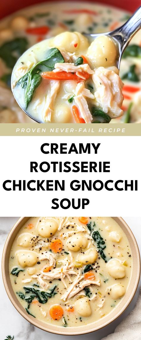 Image for Creamy Rotisserie Chicken Gnocchi Soup Paleo Chicken Soup Recipes, Easy High Protein Soup, Soups With Rotisserie Chicken, Rotisserie Chicken Recipes Soup, Rotisserie Chicken Gnocchi, Rotisserie Chicken Soup Recipes, Chicken Soup Ideas, Cozy Soup Recipes, Creamy Chicken Gnocchi Soup