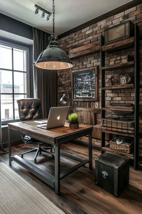 Boost Productivity with Industrial Home Office Ideas 🖥️✨ Design a functional and stylish home office with industrial decor. Use metal accents, reclaimed wood, and minimalist furniture. 🌿🏢 #IndustrialOffice #HomeOffice #Productivity #HomeDecor Industrial Home Office Design, Industrial Home Office, Stylish Home Office, Industrial Home Offices, Rustic Home Offices, Industrial Design Style, Industrial Office Design, Industrial Home, Modern Rustic Homes