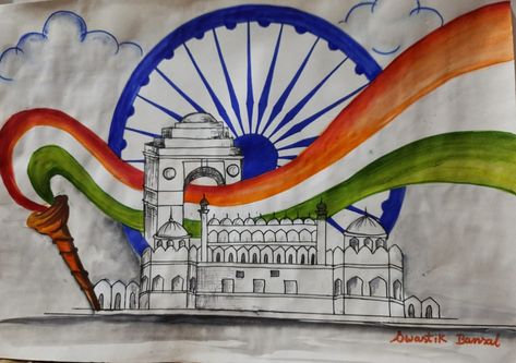 Republic Day Creative Drawing, India Independence Day Poster Drawing, 15 August Drawing Competition, Technical Fest Decoration Ideas, Happy Independence Day Drawing Ideas, Independence Day Poster Drawing Easy, Independence Day Drawing Sketch, Independence Drawing Ideas, 15 August Painting