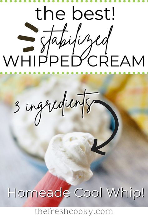 Make your own healthier, homemade Cool whip, when you make this simple 5 minute, 3 ingredient Stabilized Whipped Cream Recipe! Great for keto (use sugar free powdered sugar) , frosting cakes, as a Cool Whip substitute in recipes. Via @thefreschooky Healthy Cool Whip, Frosting For Cake Decorating, Healthy Whipped Cream, Whipped Cream Homemade, Frosting For Cake, Stable Whipped Cream, Diy Whipped Cream, Homemade Cool Whip, Powdered Sugar Frosting