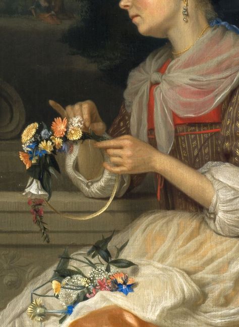 Godefridus Schalcken - Woman Weaving a Crown of Flowers Crown Painting, Crown Of Flowers, Crown Aesthetic, Antique Aesthetic, Time Painting, Woman Weaving, Old Paintings, Elegant Art, Historical Costume