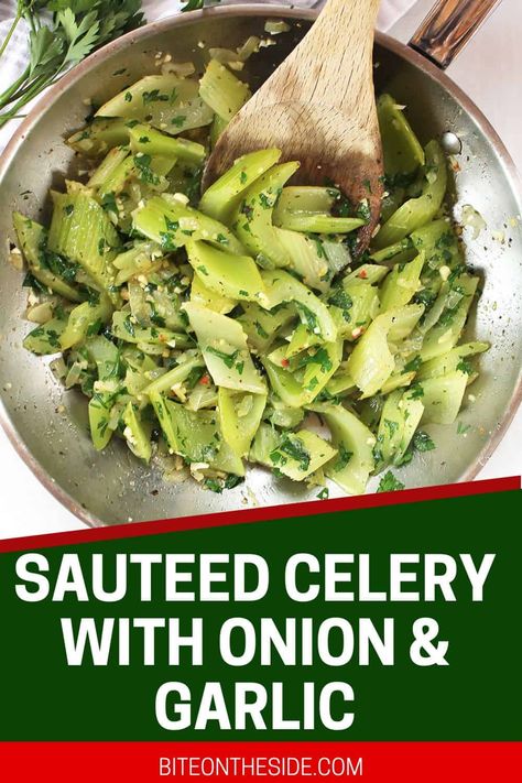 Quick and easy to make, celery is sautéed with onions and garlic before being braised so that it is wonderfully flavorful and tender, with just the right amount of crunch. This healthy savory side dish recipe is a great way to make the most out of leftover celery in your fridge, and it's so versatile! Celery Side Dish, Leftover Celery, Celery Recipes, 140 Pounds, Onion Recipes, Veggie Side Dishes, Veggie Sides, Veggie Dishes, Healthy Nutrition