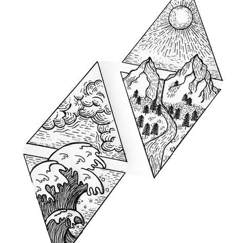 Os Illustration Tattoo, Nature Line Drawing, Geometric Shape Tattoo, Tato Geometris, Skitse Bog, Element Tattoo, Mountains And Trees, 달력 디자인, Kunst Tattoos