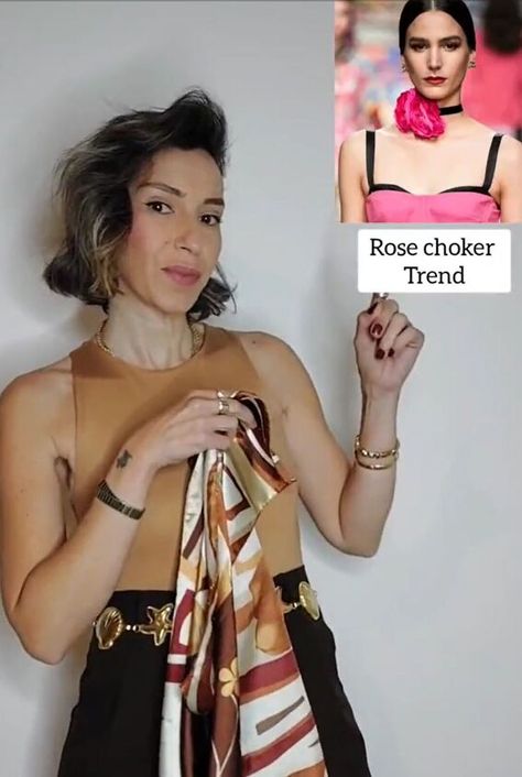 Rose Scarf Tutorial, Scarf Rose Knot, Scarf Flower Knot, Scarf Hacks, Scarf Rose, Personal Fashion Stylist, Rose Choker, Rose Scarf, Short Scarves