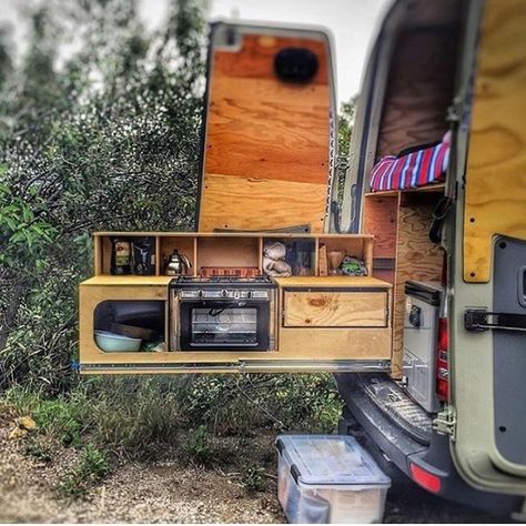 openroadlifeSome people like to cook inside. With this slide out setup it lets you cook outside. Kombi Trailer, Camper Van Kitchen, Van Interiors, Rv Conversion, Kangoo Camper, Camper Repair, Kombi Motorhome, Camper Build, Camper Kitchen