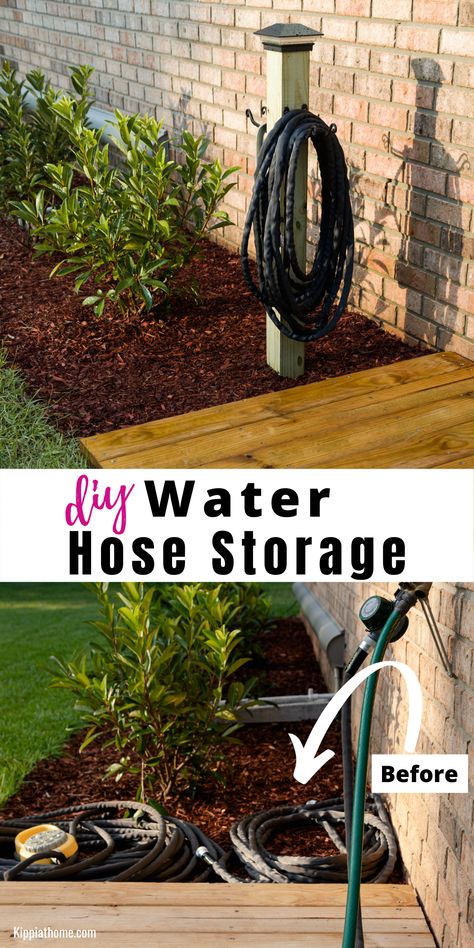 Post with hooks and solar light holding watering hoses Garden Hose Storage Ideas Diy, Hose Bib Ideas, Diy Water Hose Holder Ideas, Diy Garden Hose Storage, Hose Hanger Ideas, Water Hose Storage Ideas, Diy Hose Holder Ideas, Water Hose Holder Diy, Hose Storage Diy