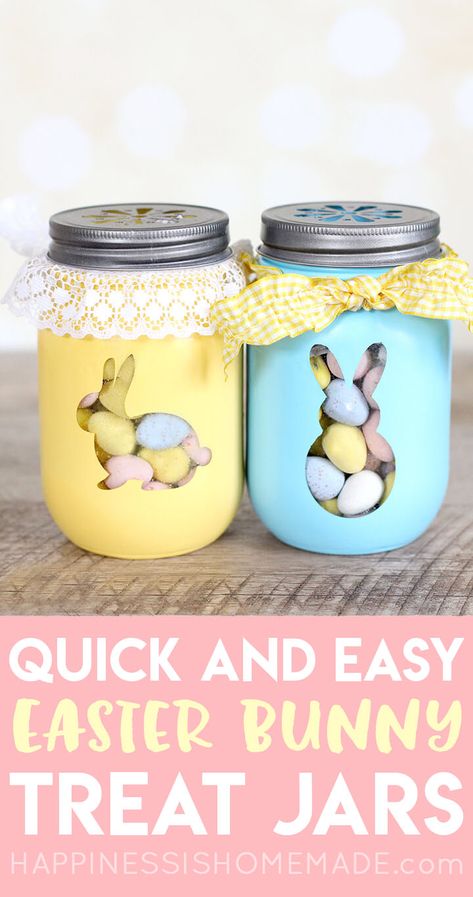 Easy Easter Craft: Easter Bunny Mason Jars Diy Osterschmuck, Easter Mason Jars, Easter Bunny Treats, Craft Easter, Bunny Treats, Easter Craft Decorations, Easy Easter Crafts, Mason Jar Crafts Diy, Easter Projects