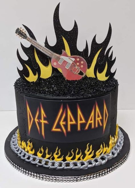 Metalhead Birthday Cake, Def Leppard Party Ideas, 80s Rock Cake, Rock Star Cakes, Leopard Cake, Salted Caramel Chocolate Cake, Steve Clarke, Def Leopard, Music Cakes