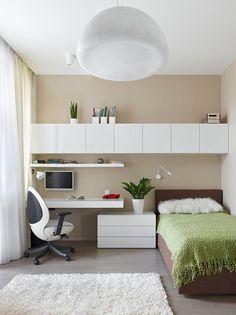 Interior Design Idea - 11 Essentials For Kids Homework Stations // Provide lots of storage space -- Having shelves, cupboards and drawers can make it easier to find things when you need them and makes it easier to stay on track with assignments. Small Apartment Bedrooms, Contemporary Loft, Study Room Design, Small Bedroom Designs, Small Room Design, Trendy Bedroom, Small Room Bedroom, The Bedroom, Design Case