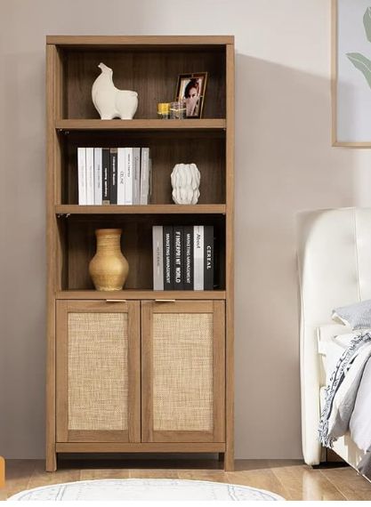 Bookshelves Library, Shelf With Doors, Rattan Bookshelf, Farmhouse Bookshelves, 5 Tier Bookshelf, Kitchen Oak, Shelves For Living Room, Home Office Kitchen, Library Shelves