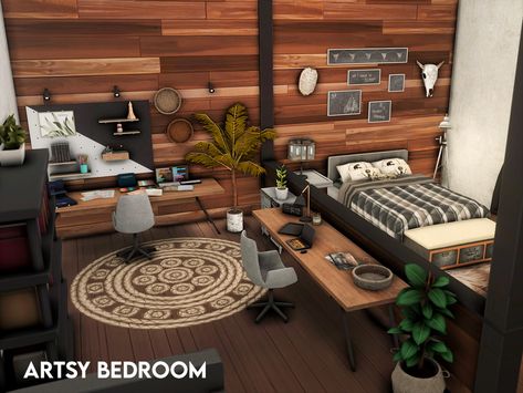 Sims 4 Big Bedroom Ideas, Dorm Room Set Up Layout, Man Living Room Ideas, Dorm Set Up Layout, Sims 4 Bedrooms, Dorm Tv, Man Living Room, Single Dorm Room, Rock Bedroom