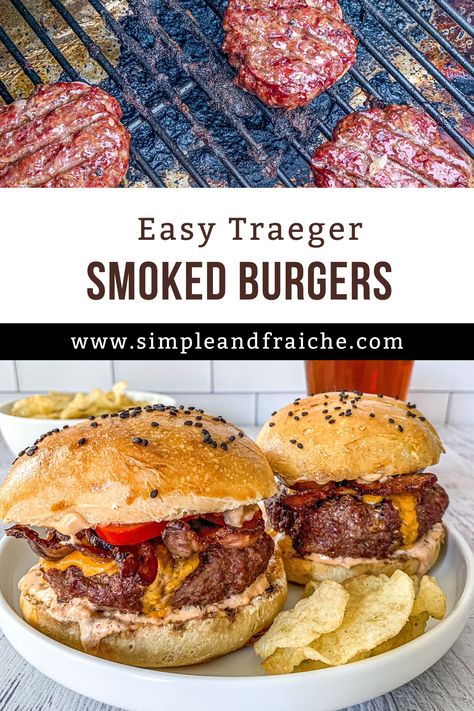 Burgers On The Traeger Grill, Smoked Cajun Burgers, Hamburgers On Traeger Grill, Smoker Hamburger Recipes, Smoked Burgers Recipes, Smoked Hamburgers On Electric Smoker, Smoked Hamburgers Pellet Grill, Smoked Burgers Pellet Smoker, Stuffed Burgers On Grill