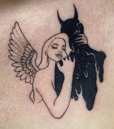 This is a picture of a tattoo in which, an angel is hugging a devil. In each others warm embrace both understand that they both are one. And neither their past demons or future angels can save them. Together they are one, they can mend and heal themselves. Find themselves after having fallen down. Tattoos For Lost Souls, Nude Womens Tattoo, One Deep Tattoo, Dark Tattoo Simple, Traumatized Tattoo, Suffocating Tattoo Ideas, Tattoos For Passing Loved Ones, Lost Mother Tattoo, Divorced Parents Tattoo