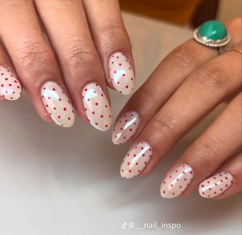 Winter Nails Valentines, Nail Inspo Almond Pink And White, Simplistic Summer Nails, Pink Nails White Dots, Fun Nail Designs Winter, Super Fun Nails, White With Red Polka Dots Nails, December Nail Inspo Almond, Almond Short Nail Designs