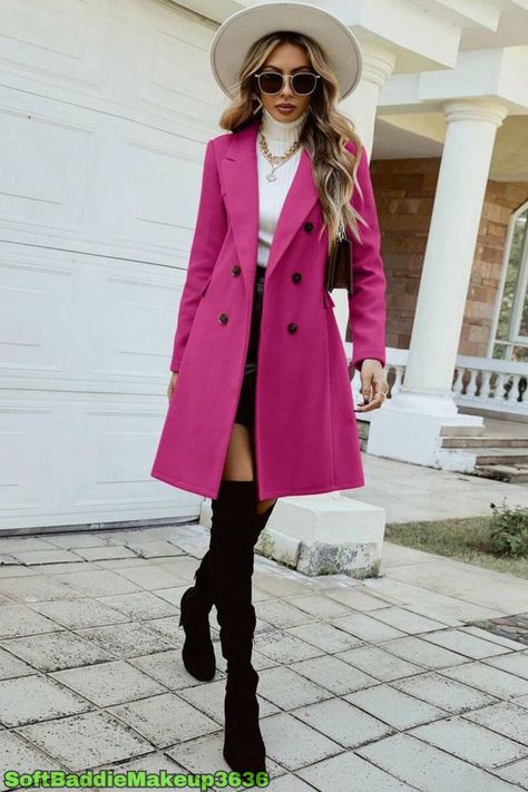 Chic urban pastel outfits for a fresh, trendy street style. Soft hues perfect for casual, stylish looks. Pink Trench Coat Outfit, Soft Baddie Makeup, Bold Street Style, Pastel Outfits, Baddie Vibes, Pink Trench Coat, Double Breasted Overcoat, Trench Coat Outfit, Pastel Outfit