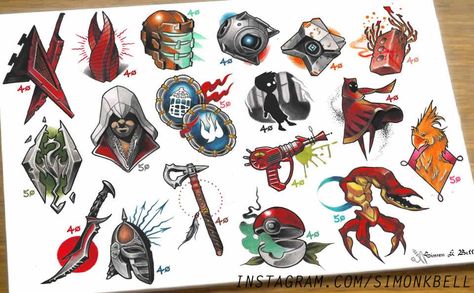 Flash sheet for video game fans created by Simon K Bell - instagram.com/simonkbell Traditional Gaming Tattoo, Zelda Flash Sheet, Mario Tattoo Flash, Video Game Tattoo Flash, Pop Culture Flash Tattoo, Traditional Video Game Tattoo, American Traditional Video Game Tattoo, Travel Smash Book, Game Tattoo