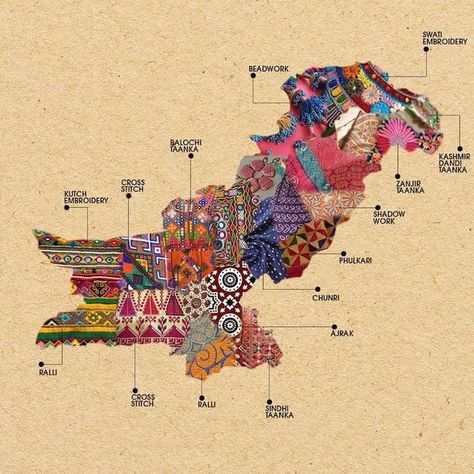 Celebrate and explore Indian and Pakistani culture with these stunning embroidered maps. Patchwork, Embroidery Map, Pakistan Map, Pakistan Art, Pakistani Art, Pakistan Culture, Pakistani Culture, Fotografi Kota, India Map