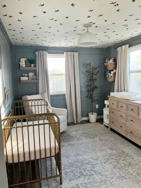 Cafe Blue Valspar, Blue Vintage Nursery, Traditional Nursery Ideas, Blue Wall Nursery, Slate Blue Nursery, Paint Colors Nursery, Nursery Wall Color, Leo Nursery, Dusty Blue Nursery