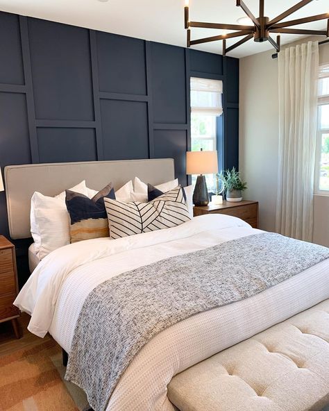 Slate Bedroom Ideas, Smokey Blue Accent Wall Bedroom, Olinda, Gray Bed Frame Bedroom Ideas Boho, Modern Farmhouse Master Bed Accent Wall, Design Wall In Bedroom, Horizontal Accent Wall Bedroom, Bedroom Accent Walls With Windows, Slate Accent Wall Bedroom