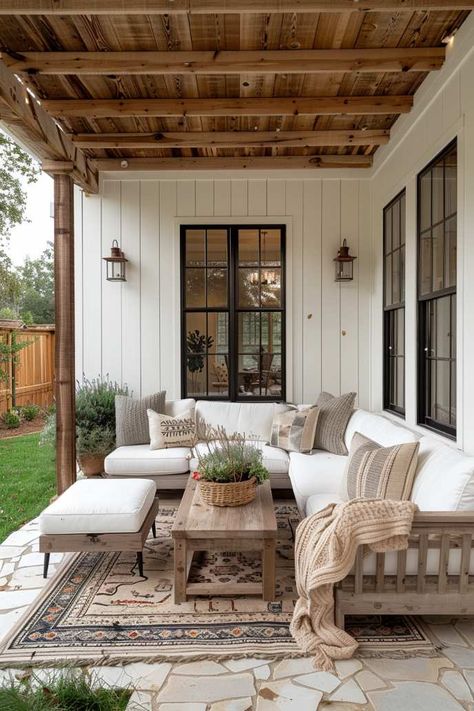 55 Farmhouse Patio Ideas for Charming and Rustic Style Farmhouse Backyard Patio Designs, Modern Farmhouse Back Porch Ideas, Exterior Patio Design, Outdoor Patio Ideas Covered, Back Porch Layout Ideas, Modern Farmhouse Screened In Porch, Concrete Covered Patio Ideas, Back Deck Ideas Porch Decorating, Side Patio Ideas