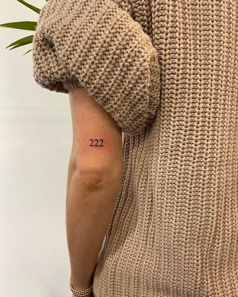 Numbers Above Elbow Tattoo, 222 Forearm Tattoo, 22222 Tattoo, 1222 Tattoo, 222 Tattoo Placement Ideas, 444 Tattoo Above Elbow, 222 Angel Number Tattoo Ideas Placement, 222 Tattoo Fine Line, Good Meaning Tattoos