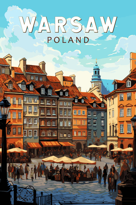 Vintage-style poster showcasing the charm of Warsaw, Poland, perfect for adding retro vibes to your decor. Poland Illustration, Poland Poster, Country Poster, Warsaw Old Town, Vintage Town, Poland Art, Poland Warsaw, Unique Travel Gifts, Travel Poster Design