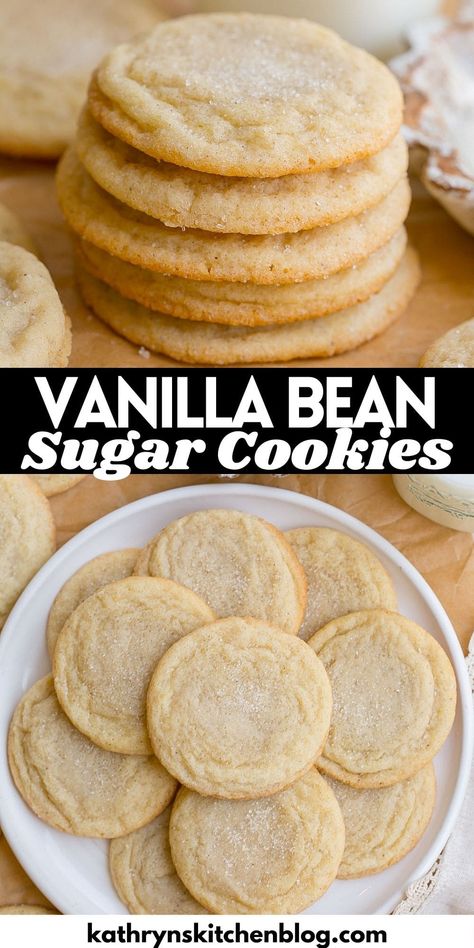 Soft and Chewy Vanilla Bean Sugar Cookies Cookies With Vanilla Bean Paste, Vanilla Wafer Cookies Recipe, Vanilla Bean Cookies Recipes, Vanilla Almond Cookies, Vanilla Bean Sugar Cookies, Recipes With Vanilla Bean, Vanilla Bean Desserts, Cookie Recipe Without Baking Soda, Vanilla Bean Cookies