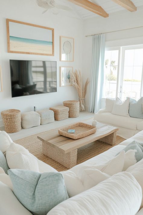 Experience the serenity of coastal living room decor! This space blends natural textures with calming hues for a breezy, beach-inspired vibe. Perfect for creating a relaxing atmosphere at home. #LivingRoomDecor #CoastalDesign #HomeInspiration Neutral Beach Living Room Decor, Coastal Interior Design Living Room, Coastal Apartment Aesthetic, Living Room Inspo Small Spaces, Beach Boho Living Room, Modern Beach House Interior Design, Modern Beach House Interior, Coastal Living Room Decor, House Interior Design Living Room