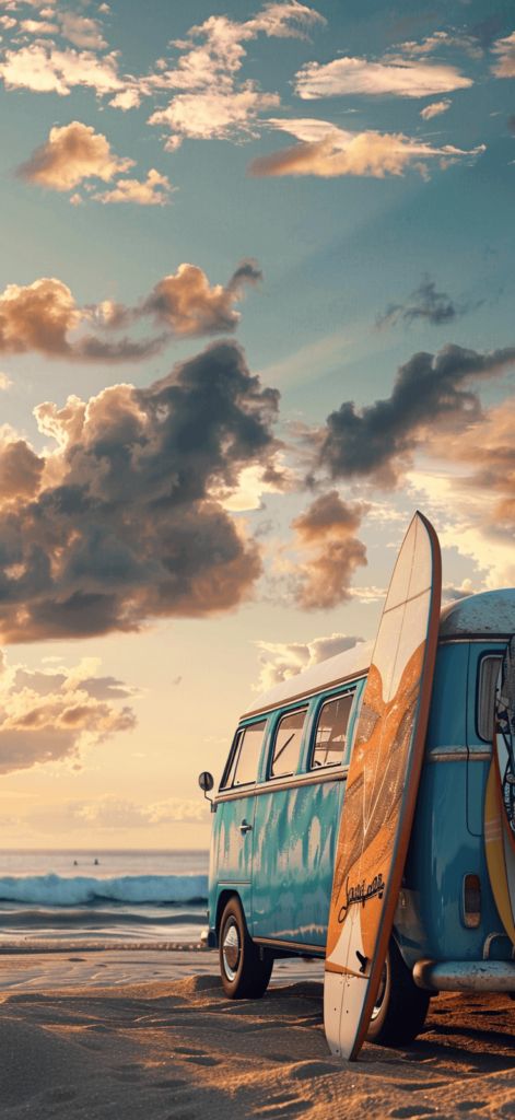 A vintage camper van parked at the beach with surfboards propped up against it, captured in lifelike detail. Hair In Your 40s, Look Younger At 40, 2024 Hair Trends For Women, Summer Wallpaper Iphone, 2024 Hair Trends, Surfing Aesthetic, Surf Aesthetic, Vintage Vw Bus, Mom Lifestyle