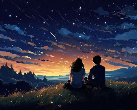 Photo friends stargazing in a peaceful m... | Premium Photo #Freepik #photo #illustrations Nature, Stargazing Pose Reference, Couple Looking At Stars, Stargazing Illustration, Friends Stargazing, Peaceful Couple, Cartoon Illustration Wallpaper, Good Night Cartoon, Stargazing Art