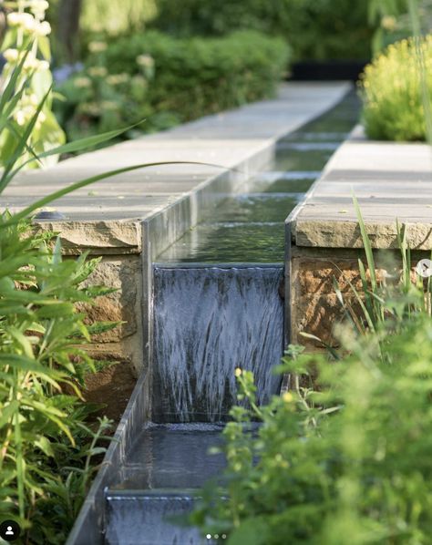 Low Water Garden Ideas, Stepped Garden Ideas, Water Rill, Marcus Barnett, Waterfall Garden, Modern Water Feature, Balboa Island, Drainage Ditch, Low Water Gardening