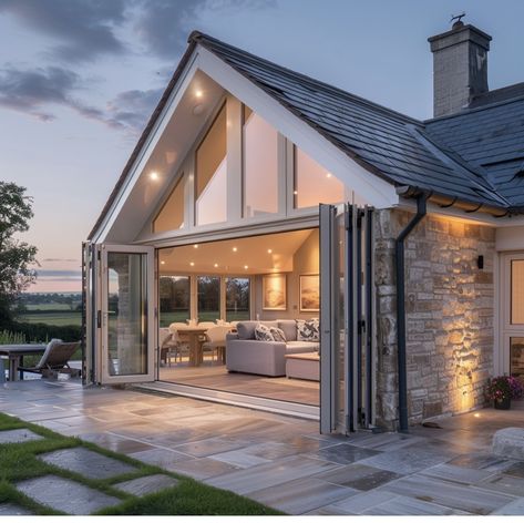 Modern Bungalow Extension, New Build Bungalow, Stone Cottage Extension, New Build House Ideas Uk, Bungalow Exterior Uk, Cottage Extension Ideas, Apex Extension, 60s House Renovation, House Cladding Exterior