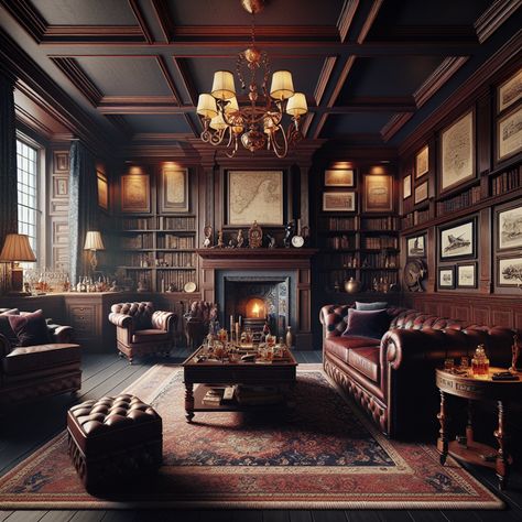 Discover timeless elegance in this luxurious man cave complete with mahogany bookcases, a vintage chandelier, Chesterfield sofa, oriental rug, cozy fireplace, and well-stocked whisky bar. Challenge yourself with a game on the classic pool table. #Mancave #VintageChic #LuxuryDesign #HomeBar #ClassyInteriors #GameRoom. Gentleman’s Club Living Room, Classy Man Cave Office, Office Chesterfield, Vintage Study Table, Luxury Man Cave, Old English Interior Design, Classy Man Cave, English Interior Design, Old World Interiors