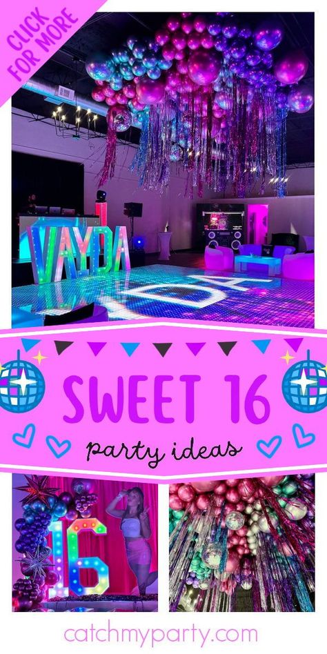 Check out this fantastic disco Sweet 16! The party decorations will blow you away! See more party ideas and share yours at CatchMyParty.com Sweet 16 Party Ideas Dance Floor, Night Club Sweet 16 Party Ideas, Sweet 16 Club Theme, Sweet Sixteen Disco Party, Sweet 16 Disco Party Ideas, Sweet 16 Dance Party Ideas, Disco Party Activities, Disco Sweet 16 Party, Disco Sweet 16